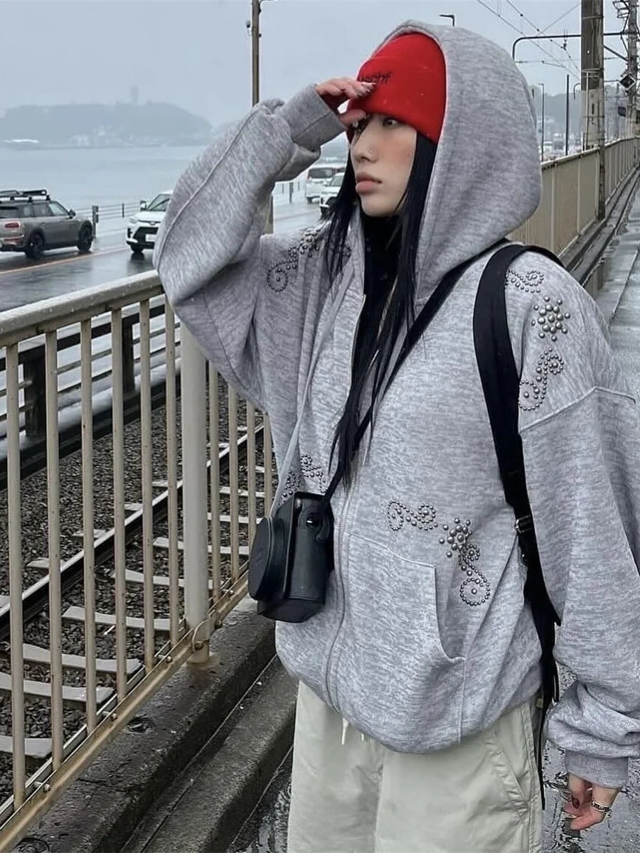 Street Sle Korean Version Simple Personali Rivet Zipper Casual Loose Matching Hoodie Jaet Unique SEI Women's Sweatirt