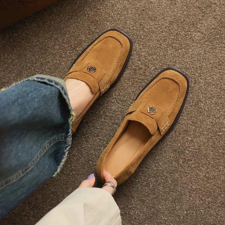 New Spring/Autumn Cow Suede Women Shoes Fashion Retro Square Toe Shoes for Women Mid Heels Women Pumps Handmade Green Loafers
