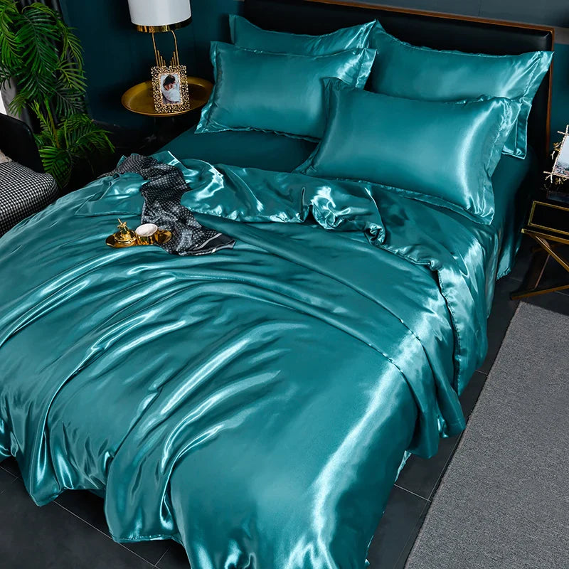 A/B Double-Sided Color Bedding Set Silky Satin Duvet Cover Bed Sheet Pillowcase Luxury Bedsheet King Queen Double Twin Size