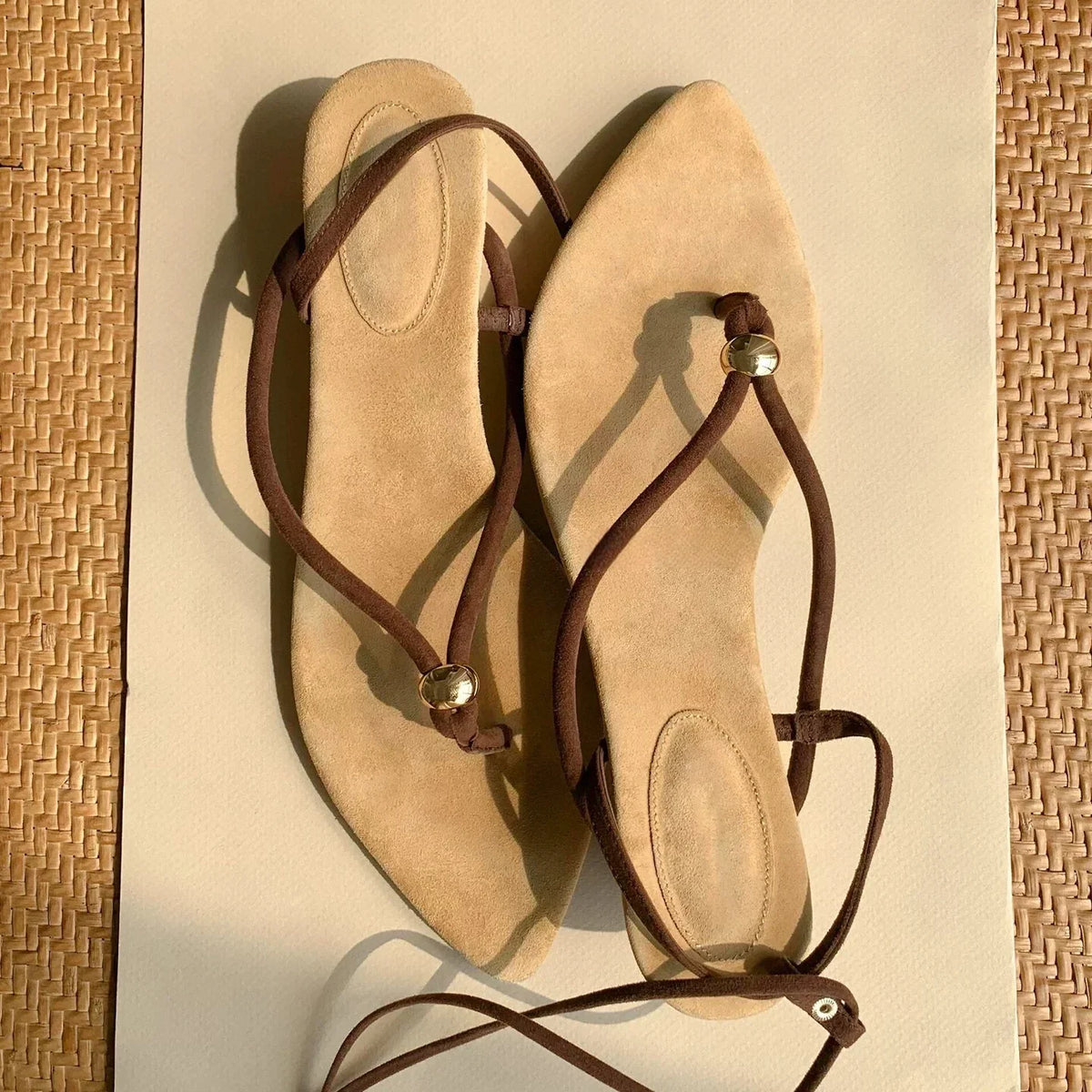 Women's Brown Lace-Up Thong Pointed Toe Wedge Heel Sandals Elegant Classic Clip-Toe Design Ladies Summer Retro Casual Shoes