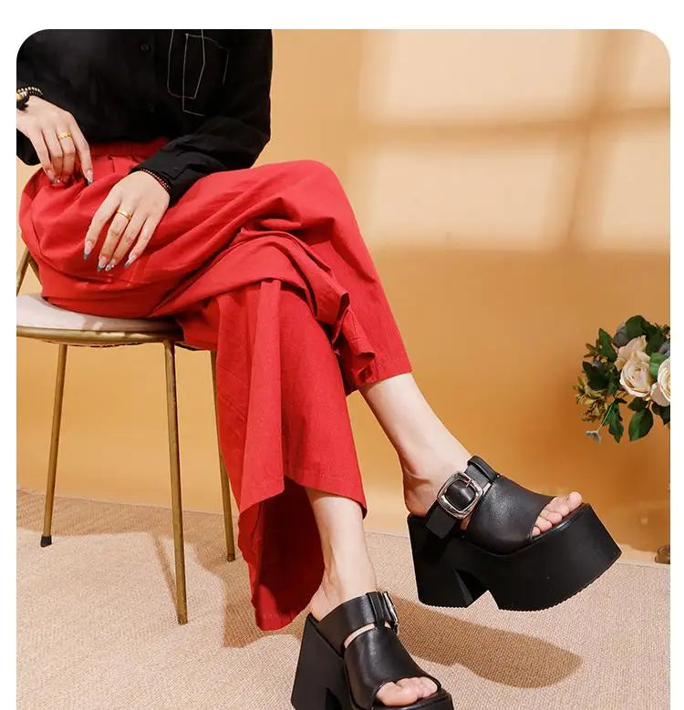 GKTINOO 2026 Summer New Genuine Leather Thick Soled Height Increasing Slippers Fashionable Women's Super High Heels Sandals