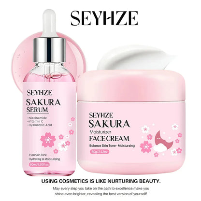 SEYHZE Sakura Collagen Essence + Moisturizing Cream Facial Care Set - 2pcs Packed with Collagen Peptides Vitamin C/E Aloe Niacin