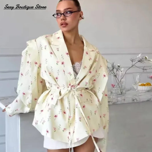 Chic Oversize Floral Printed Women Jacket Padded Lapel Lace Up Loose Coat Long Sleeve High Waist Outwears 2025 Lady Streetwear