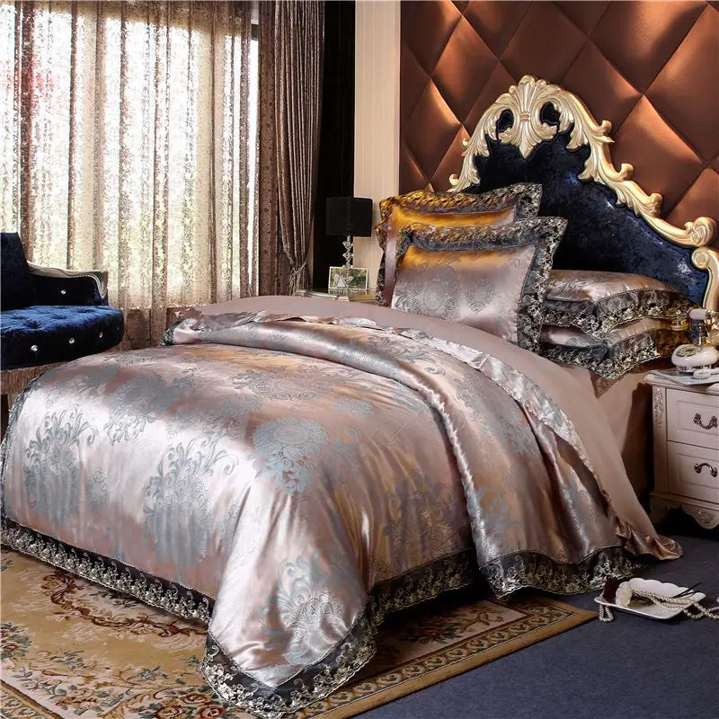 Luxury Jacquard Bedding Set Tencel Modal Duvet Cover 4PCS with Lace Satin Bed Sheet Pillowcases King and Queen Size Home Textile