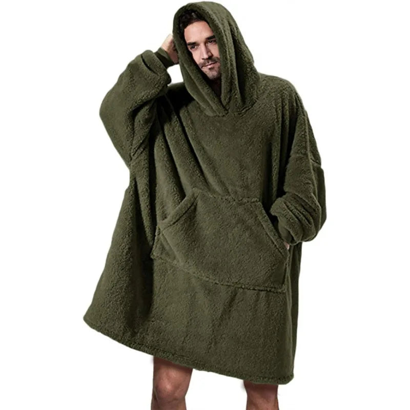 Winter Warm Unisex Double-faced Fleece Hooded Sweatshirts Casual Loose Long Thicken Pocket Pullover Batwing-sleeved Home Clothes