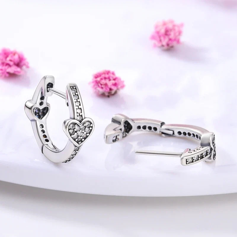 Genuine 925 Sterling Silver Love Feather Earrings Fit Original Charms Hoop For Women Girls Stud Earring Fine Jewelry Gifts