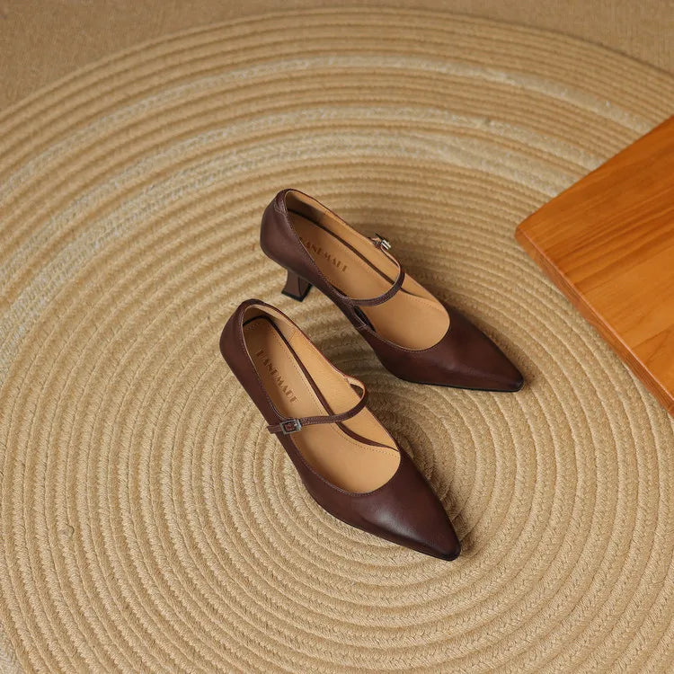 NEW Spring/Autumn Women Pumps Genuine Leather Shoes for Women Pointed Toe Thin Heel Shoes Shallow Buckle Strap Mary Janes Shoes