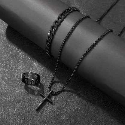 Cross-Style Accessories Set Bracelet Necklace Ring 3 Pieces Stainless Steel Elegant Suitable Both Men Women Fashionable Gift Set
