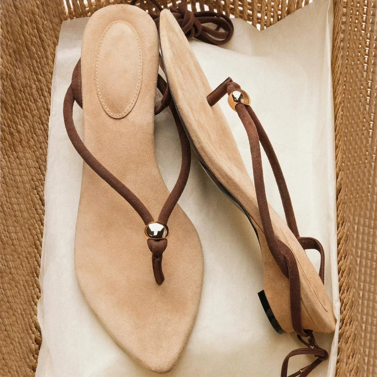 Women's Brown Lace-Up Thong Pointed Toe Wedge Heel Sandals Elegant Classic Clip-Toe Design Ladies Summer Retro Casual Shoes
