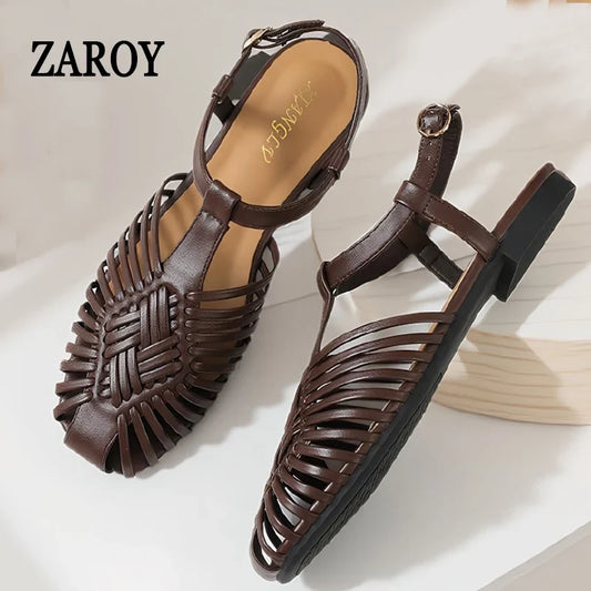 ZAROY Summer Women Gladiator Sandals Flat Ankle Strap Narrow Band Roman Shoes Casual Beach Vacation Hollow Out Big Size Sandalia