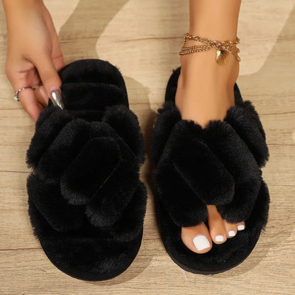 Women's Fluffy Cross Strap Fur Slippers Lightweight Soft Warm Plush House Slippers Woman Autumn Winter Flat Indoor Fuzzy Slides