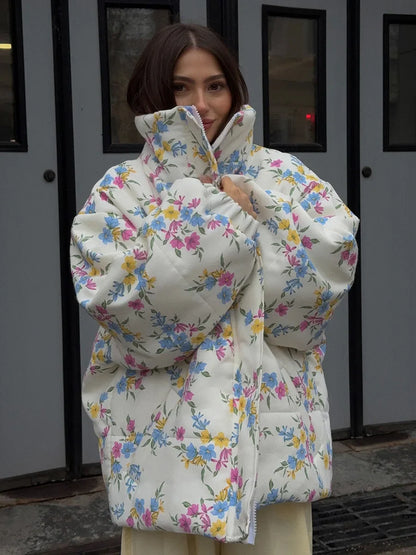 Yaminiya Fashion Thicken Women Puffer Jacket Oversize Stand Up Collar Zipper Floral Print Warm Cotton Filled Coat Autumn Winter