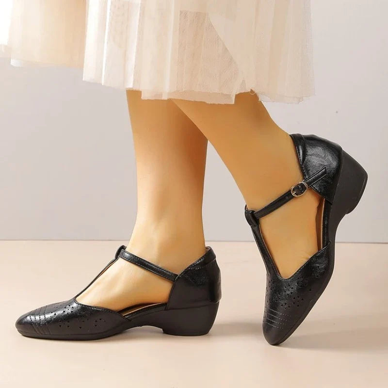 Women's Plus Size Retro Cutout Wedge Loafers, Adjustable T-Strap Breathable Pumps for Summer Daily & Commute