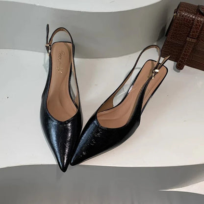 SUOJIALUN Summer New Women Sandal Fashion Pointed Toe Shallow Slip On Ladies Elegant Slingback Shoes Thin Med Heel Dress Mules