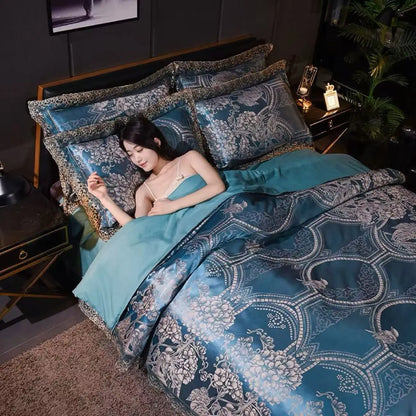Luxury Jacquard Bedding Set Tencel Modal Duvet Cover 4PCS with Lace Satin Bed Sheet Pillowcases King and Queen Size Home Textile