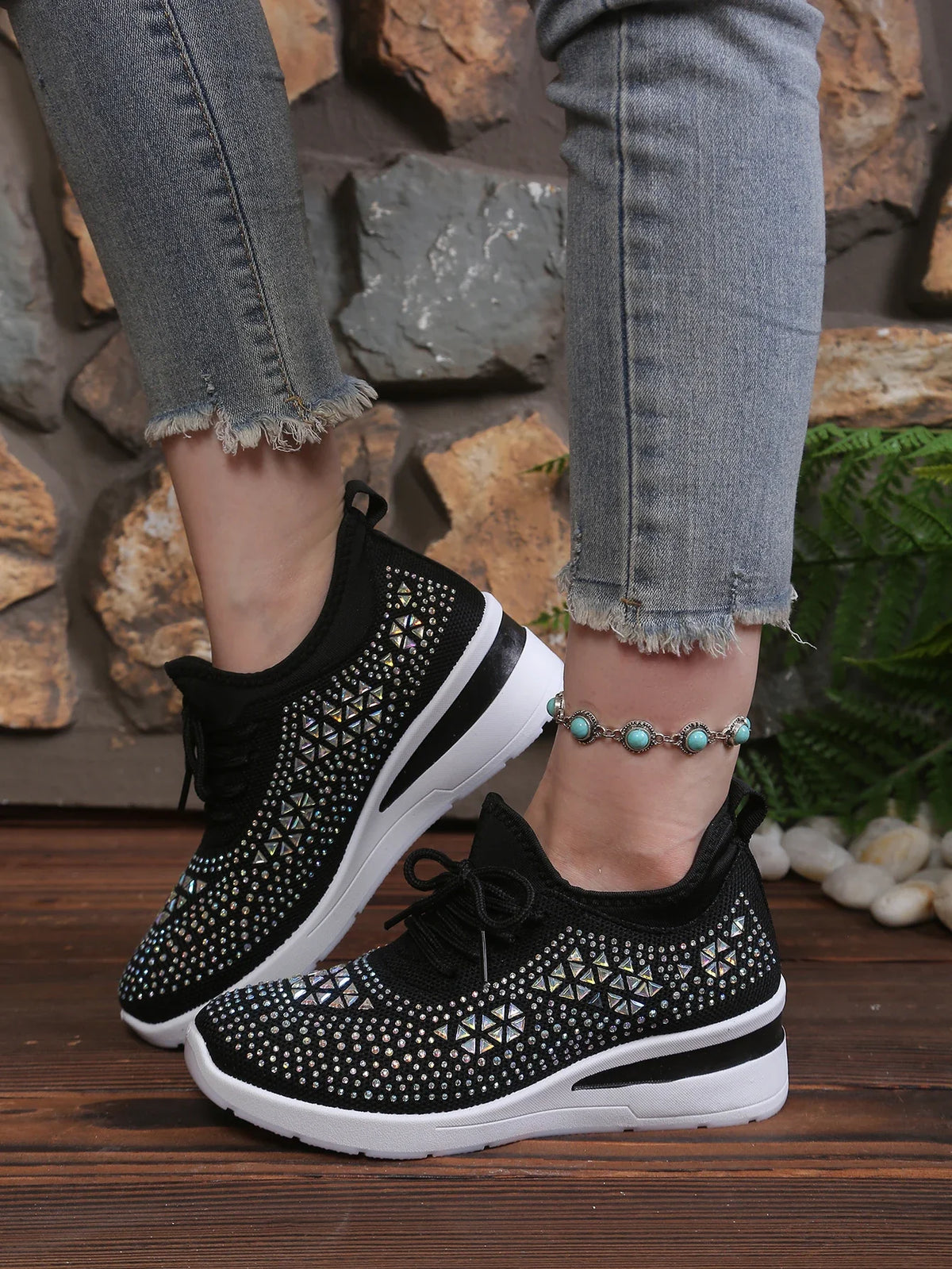 Women's Rhinestone Embellished Knit Mesh Wedge Sneakers, Adjustable Lace-Up Closure, Daily Walking Casual Footwear