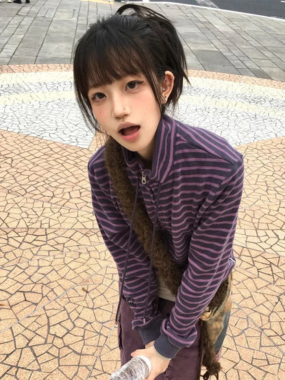 Tonngirls Y2k Japanese Sweatshirts Women Long Sleeve Striped Stand Collar Sweatshirt High Street Graphic Winter Coats E-girls