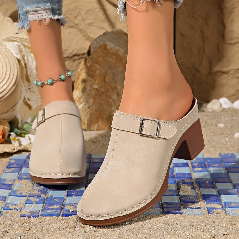 Slippers Women 2026 Summer New Plus Size Round Toe Women's Sandals Outdoor Rome Ladies Shoes Buckle Chunky Heel Slippers