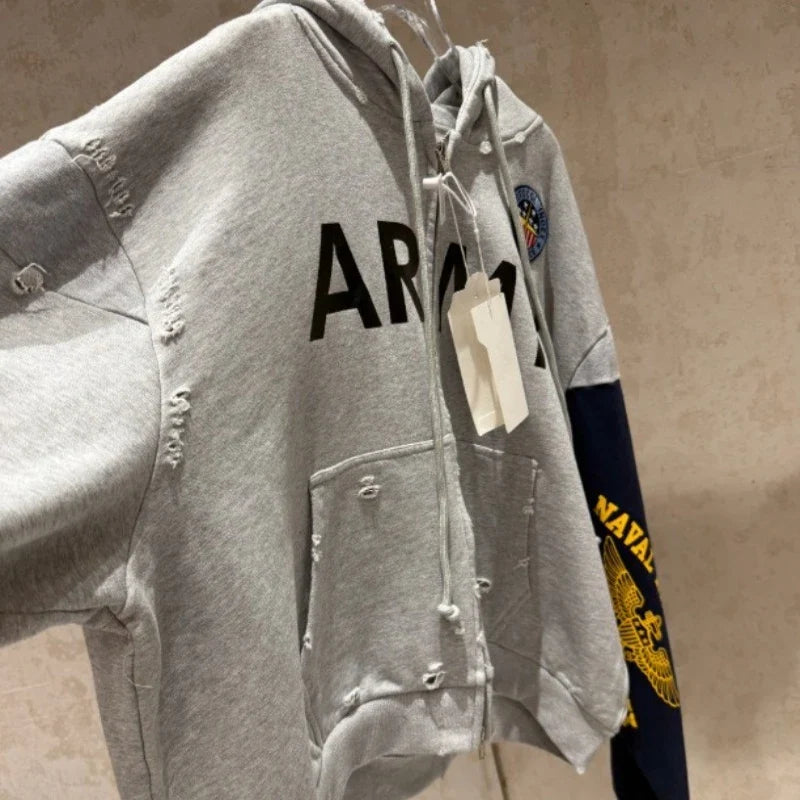PROJECT G/R 2026 Patchwork ARMY Vintage Damaged Cardigan Pullover Men Women Best Quality Hoodie