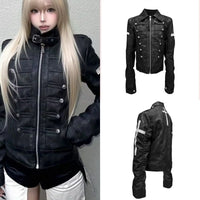 Subculture Harajuku Vintage Safari Coats with Hooded Women Zipper Sweatshirts Casual Streetwear Grunge Jacket Y2k Stand Neck