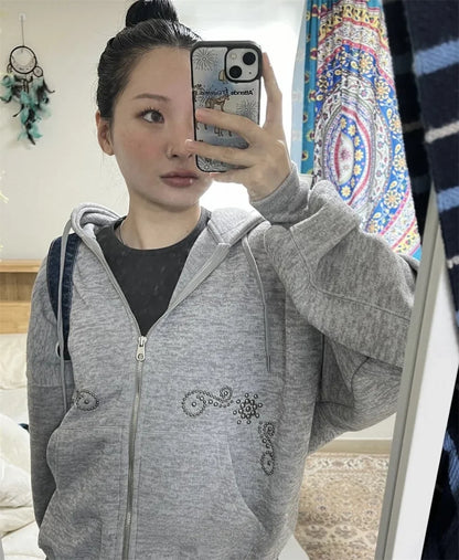 Street Sle Korean Version Simple Personali Rivet Zipper Casual Loose Matching Hoodie Jaet Unique SEI Women's Sweatirt