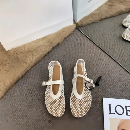 Women's Mary Jane Flats 2026 New Hollow Out Mesh Breathable Fishnet Ankle Strap Casual Summer Sandals
