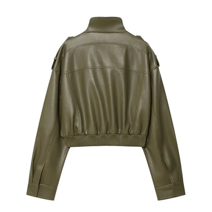 MUJER Faux Leather Cropped Jacket Women Bomber Demi-season Jackets for Women Long Sleeve Women's Coats Zip Overcoat Jacket Women