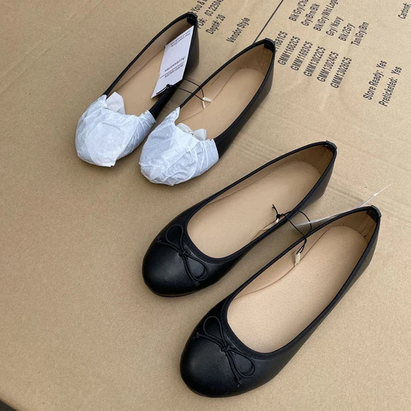 Aneikeh Spring Autumn Elegant Bowknot Ballerina Flat Women's Round Toe Comfort Slip-On Loafers Black Leather Mules Ladies Shoes