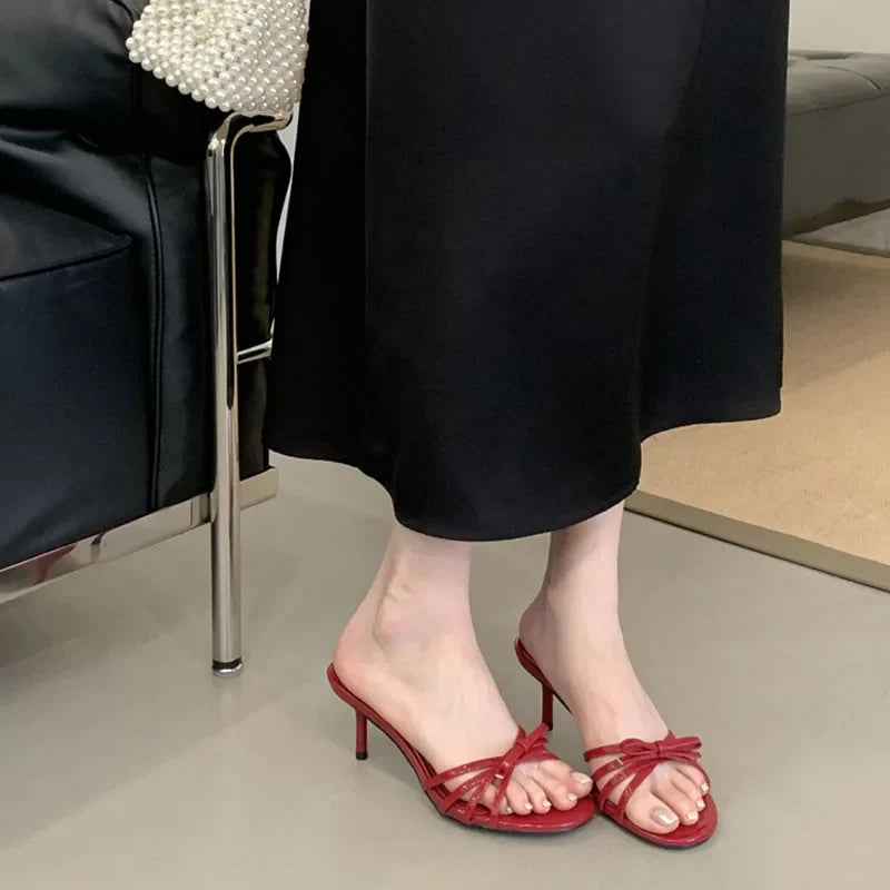 Women Thin Heels Sandals Slides Shoes Butterfly-Knot Footwear Fashion Round Toe Ladies High Heels Shoes Female Sandals Pumps