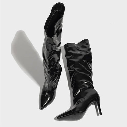 Liyke Fashion Runway Pleated Patent Leather Boots Female Pointed Toe Stiletto Heels Pumps Autumn Winter Knee High Shoes Women