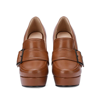 Round Toe High Heel Belt Buckle Women Single Shoes 2024 New Black Brown Spring  Autumn Waterproof Platform High Heels Size 34-43