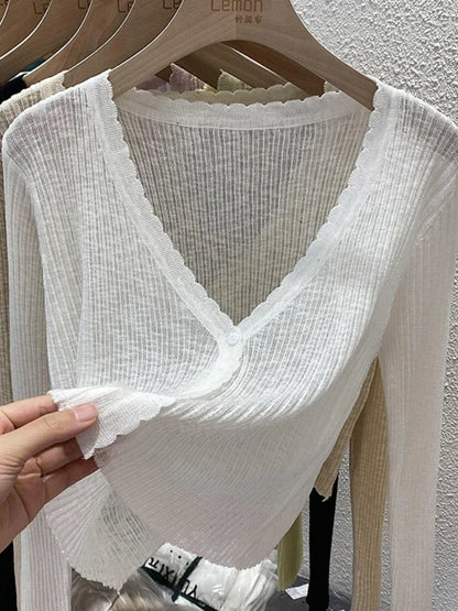 Summer Short Ice Silk Knitted Sun Protection Cardigan Women's Thin Suspender Skirt Layered Gauze Jacket Air-conditioned Cover Up