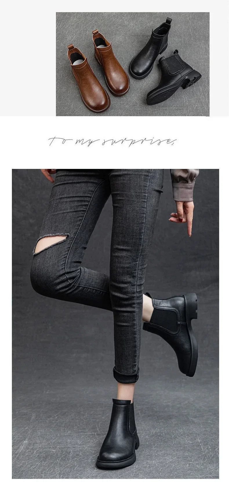 DRKANOL Fashion Women Thick Heel Ankle Boots Autumn Winter Warm Shoes Round Toe Real Cowhide British Style Slip On Chimney Boots
