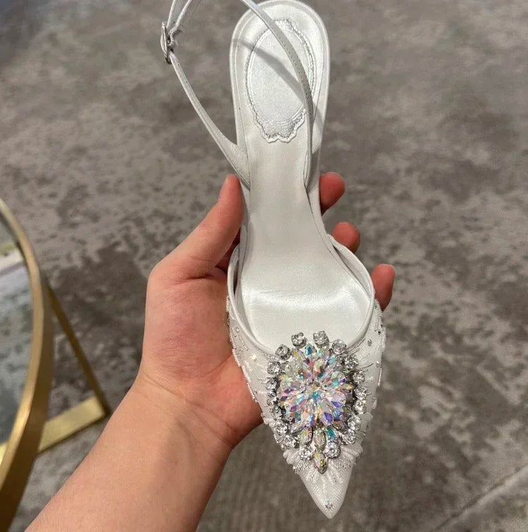 White Wedding Shoes, Rhinestone Pointed Crystal Toe Sandals, New High-heeled Shoes, Sexy Single Shoes