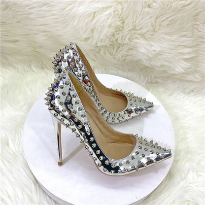 Women New Rivet High Heels 12CM Fashion Pointed Toe Party Single Shoes Europe And America Club Stage Pumps Silver Plus Size 43