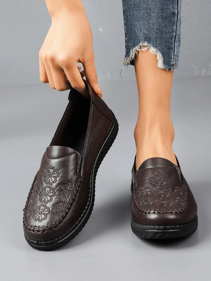 Women's Spring Autumn Leather Loafers Floral Embossed Slip‑On Flats Anti‑Slip Comfort Casual Mom Daily Walking Free Shipping