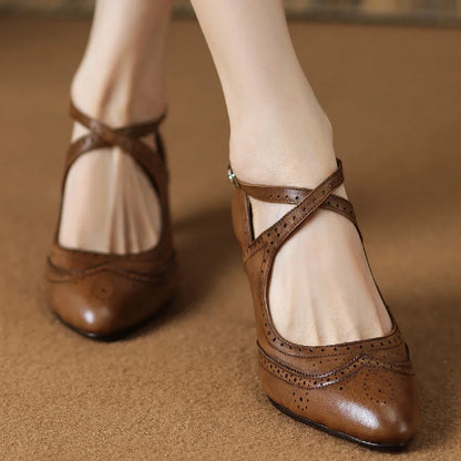 Women's genuine leather thin high heel cross strap carving british style pumps elegant ladies retro daily slim dress pumps shoes