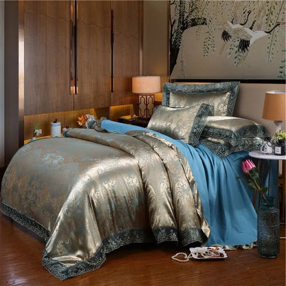 Luxury Jacquard Bedding Set Tencel Modal Duvet Cover 4PCS with Lace Satin Bed Sheet Pillowcases King and Queen Size Home Textile