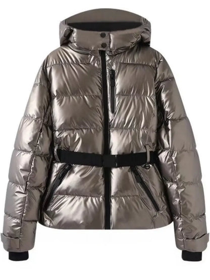 Women's Winter Hooded High Waist Padded Sport Parkas Coats with Belt Female Elegant Thick Warm Pockets Windproof Skiing Jackets
