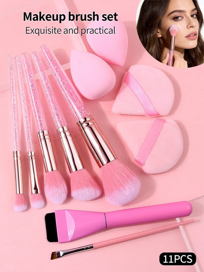 11Pcs Pink Makeup Brush Set with Sponge & Puff, Professional Glitter Handle Brushes for Foundation, Eyeshadow, Blush, Full Face