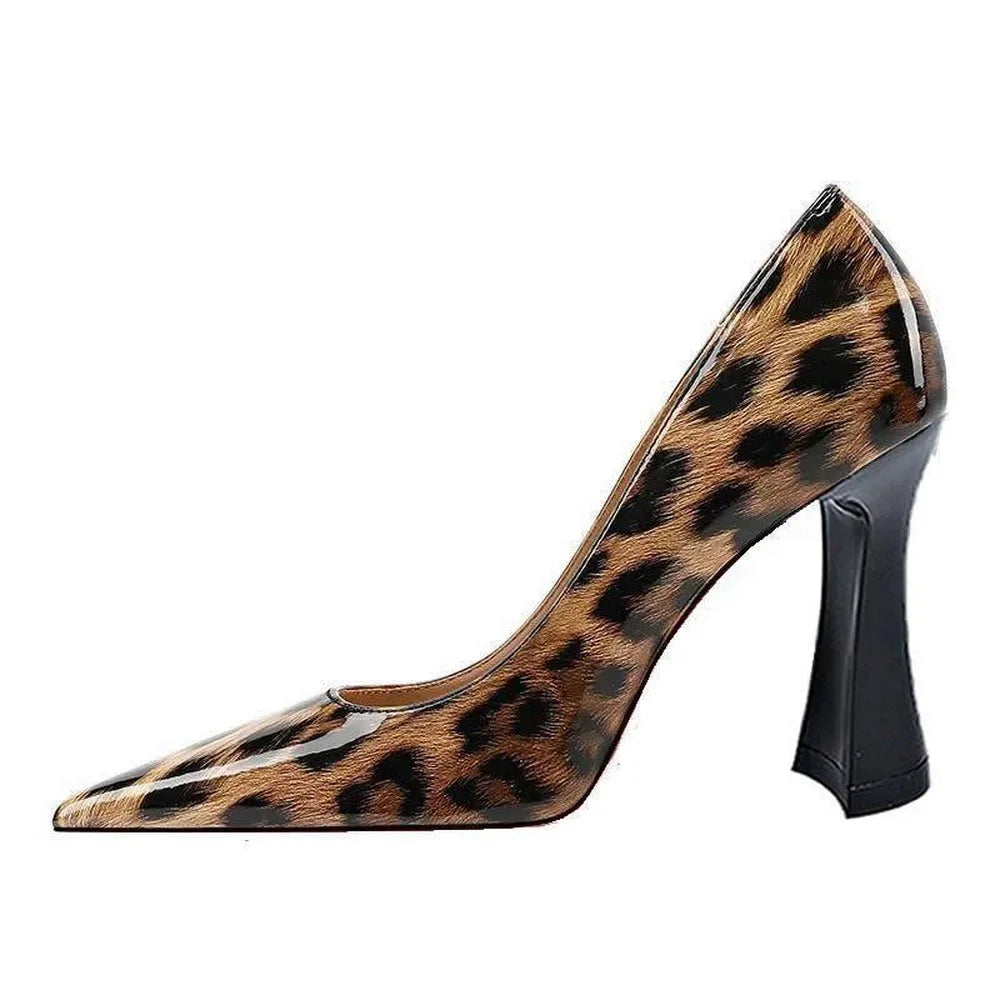 10cm/8cm Patent Leather Leopard Square High Heels,Women Pumps,Sexy Shallow Shoes,Pointed Toe,Slip On,Brown,Size 35-43,Dropship