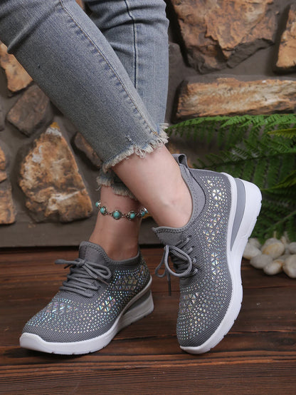 Women's Rhinestone Embellished Knit Mesh Wedge Sneakers, Adjustable Lace-Up Closure, Daily Walking Casual Footwear