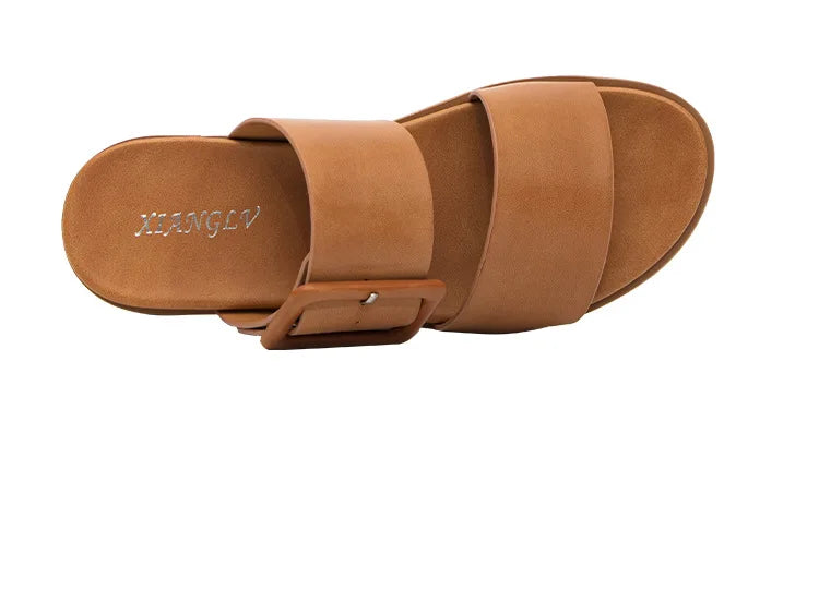Adjustable Square Buckle Women Slide Sandals Two Strap Platform Slippers Low Heel Soft Sole Summer Open Toe Walking Casual Shoes
