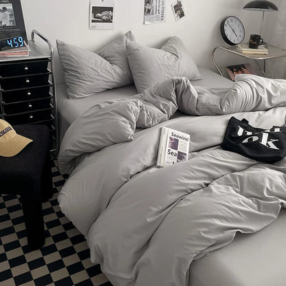 Washed Cotton Bed Linen Bedding Set 4 Pieces Bed Sheets Set Solid Color Comforter Cover Couple Queen King Size Bed Quilt Cover