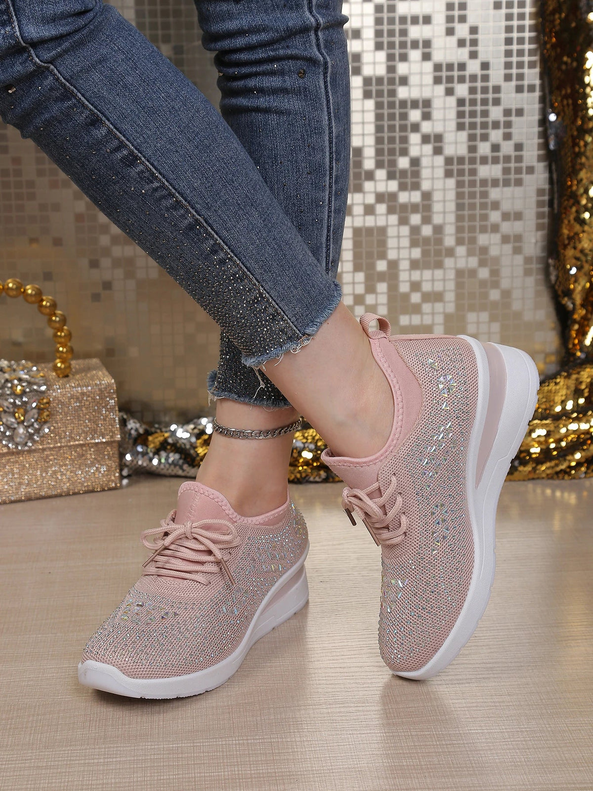 Women's Rhinestone Embellished Knit Mesh Wedge Sneakers, Adjustable Lace-Up Closure, Daily Walking Casual Footwear