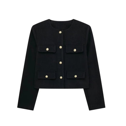 HH Women Vintage Solid Coat Button Long Sleeve O Neck Jacket With Pocket 2024 Spring Elegant Female Casual Outerwear Jakcet