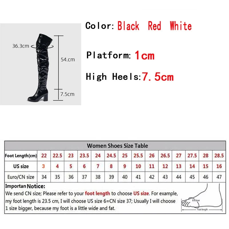 Hlieny 2026 Winter New Thigh High Boots Fashion Patent Leather Round Toe Zip Female Square Heels Pleated Design Women's Shoes