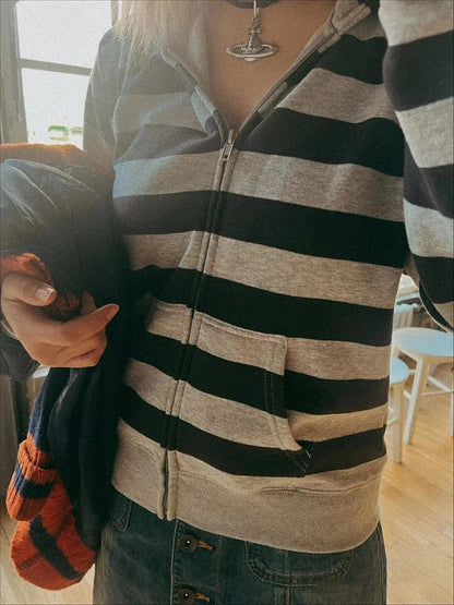 Striped Patchwork Zip-up Hoodie Autumn Cotton Pocket Drawstring Hooded Sweatshirt Women Y2k Streetwear Vintage Loose Tops Jacket