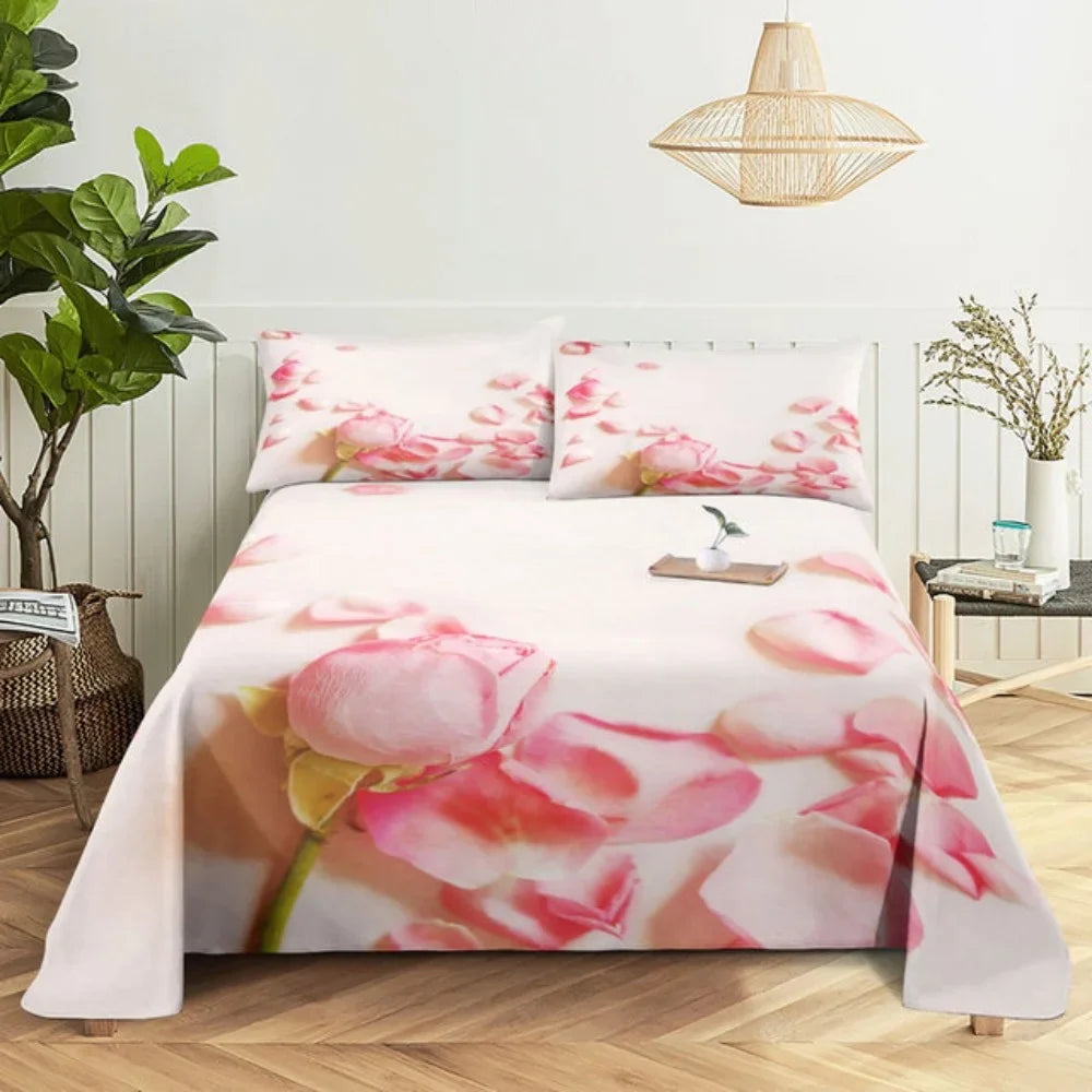 Pink Rose Bed Sheet Sets 3D Print Flowers Bed Flat Sheet for Women Girls King Queen Full Twin Size 2/3pcs Bed Linen Room Decor
