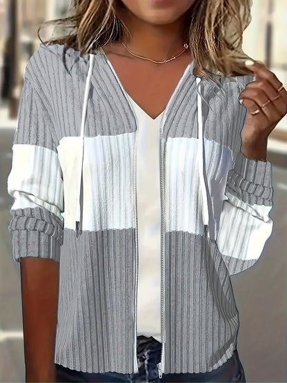 Women's Casual Color Block Hoodie Drawstring Zipper Jacket Streetwear Style with Pockets